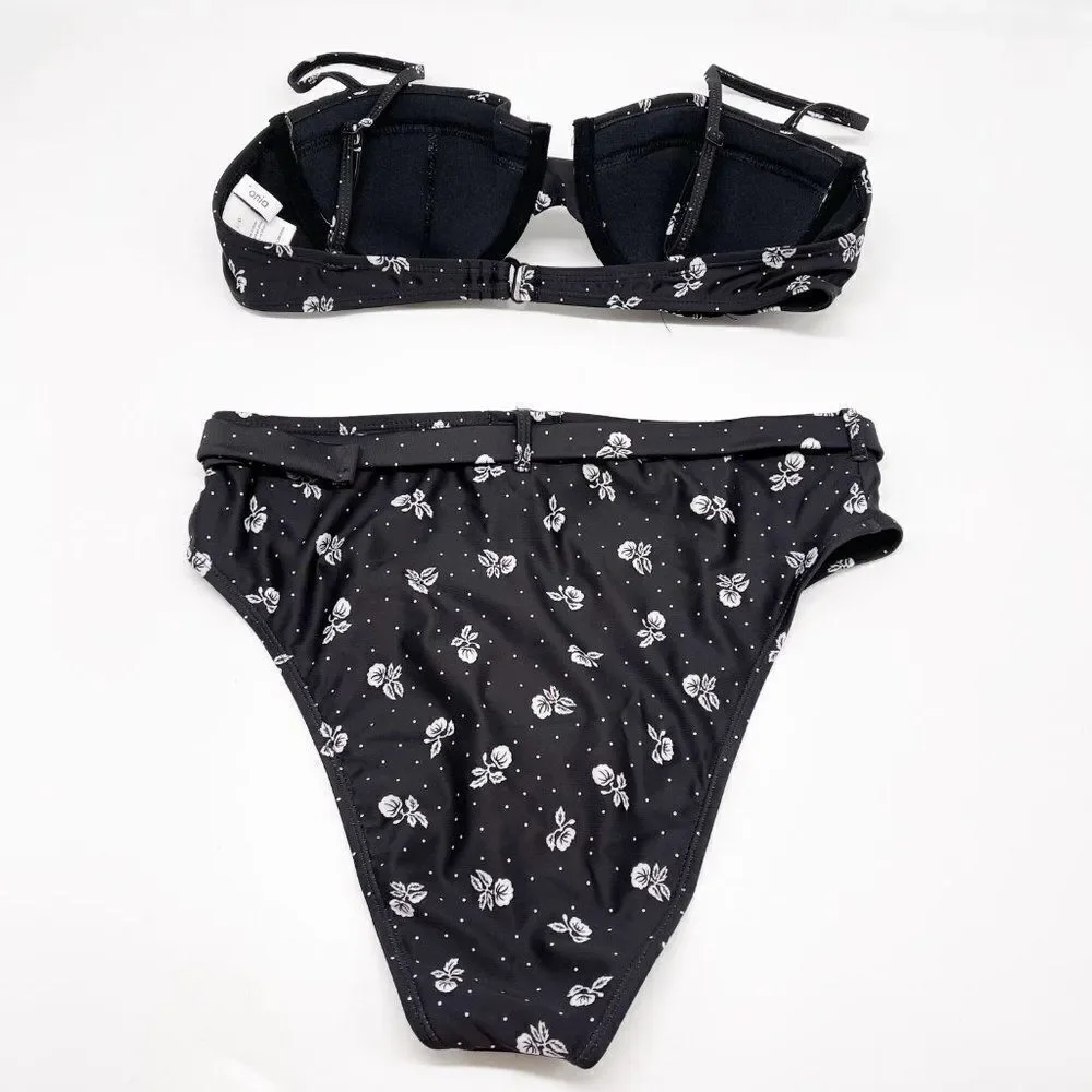 ONIA Black Polka Dot Floral High Waist Bikini Set